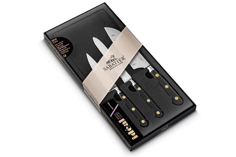 Coffret 3 couteaux Sabatier Office, L&eacute;gume, mini Santoku lames inox