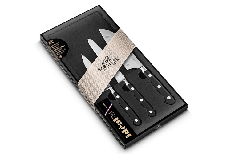 Coffret 3 couteaux Sabatier Id&eacute;al inox Office + Universel + Mini Santoku