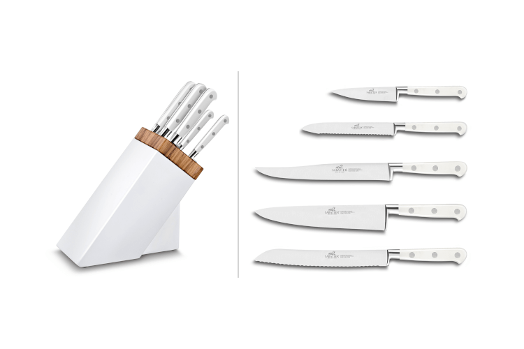 Bloc Sabatier blanc et olivier 5 couteaux forg&eacute;s Toque Blanche