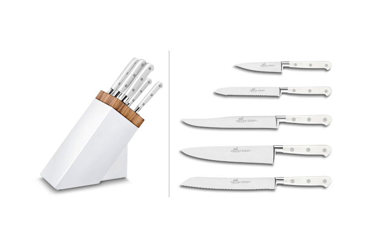 Bloc Sabatier blanc et olivier 5 couteaux forgés Toque Blanche