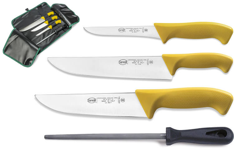 Trousse professionnelle de boucher 3 couteaux + 1 fusil Sanelli Skin