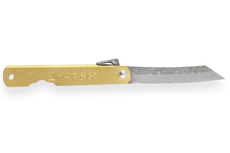 Couteau de poche Higonokami B&ouml;ker Kinzoku lame damass&eacute;e 7,5cm manche cuivre