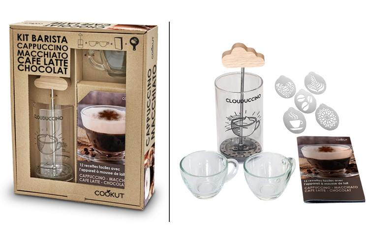 Coffret Cookut sp&eacute;cial Barista 1 mousseur &agrave; lait + 2 tasses + 1 livre de recettes + 5 pochoirs
