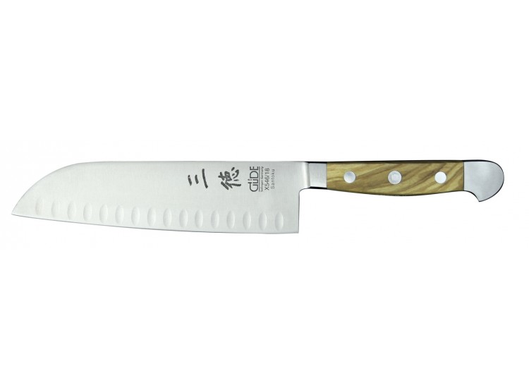 Couteau Santoku alv&eacute;ol&eacute; 18cm forg&eacute; Alpha Olive G&uuml;de