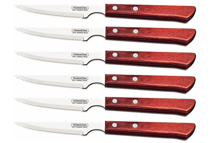 Set de 6 couteaux &agrave; steak lame crant&eacute;e 11cm Tramontina manche rouge