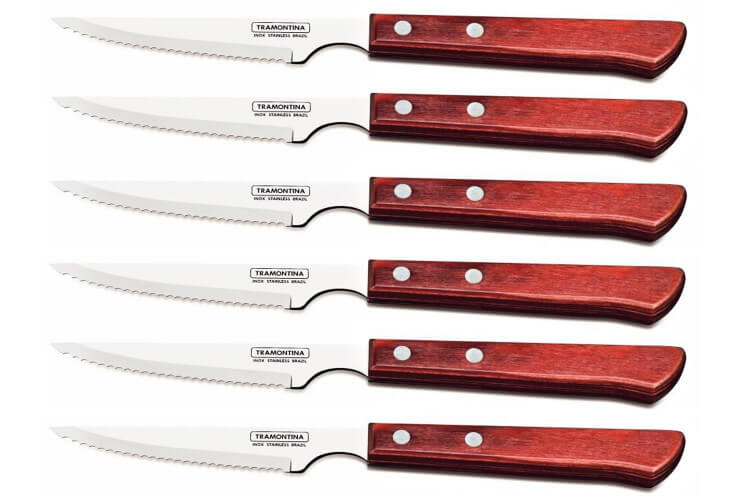 Set de 6 couteaux à steak lame crantée 11cm Tramontina manche rouge