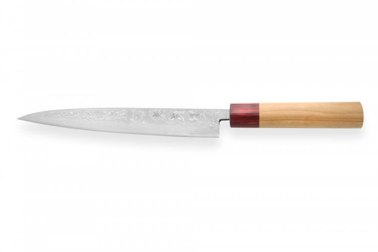 Couteau yanagiba japonais artisanal Kajiwara Suminagashi 33 couches 21cm