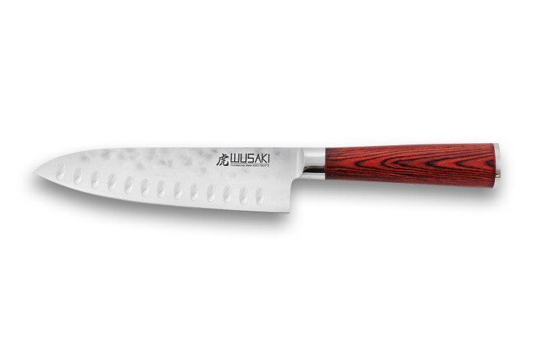 Couteau santoku Wusaki Pakka X50 alv&eacute;ol&eacute; 17cm manche pakkawood