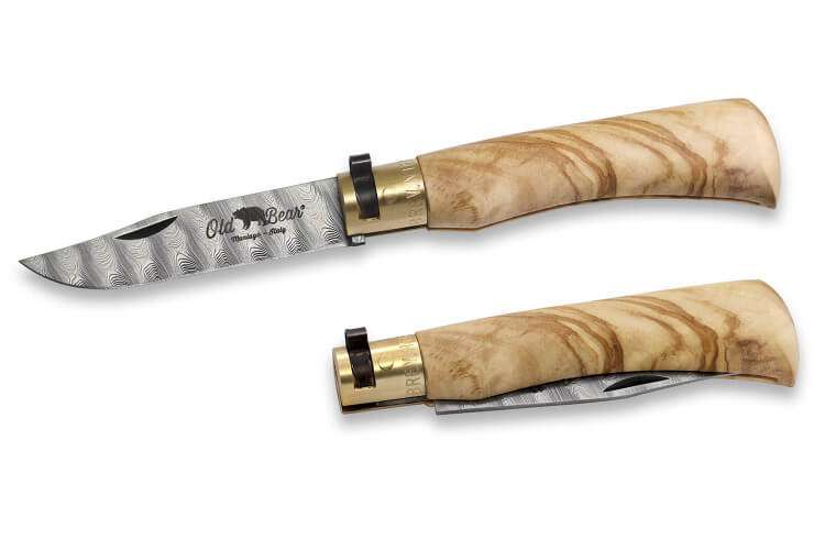 Couteau artisanal Old Bear damas M lame inox 8cm manche olivier avec virole