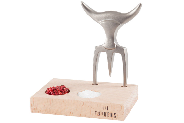 Fourchette &agrave; viande Tridens en acier inox et son socle en h&ecirc;tre brut