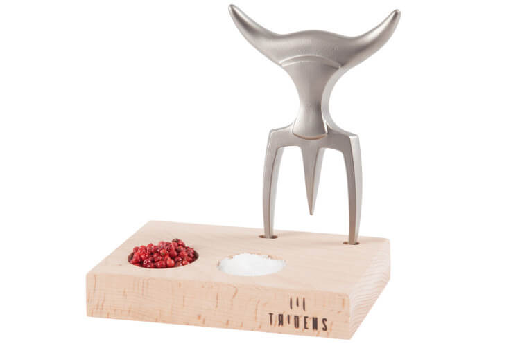 Fourchette à viande Tridens en acier inox et son socle en hêtre brut