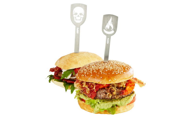 Set de 2 pics &agrave; burgers Gefu Torro motif t&ecirc;te de mort et motif flamme