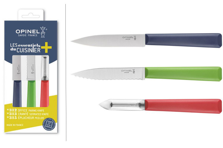 Coffret Opinel Trio Les Essentiels 3 pi&egrave;ces manches color&eacute;s