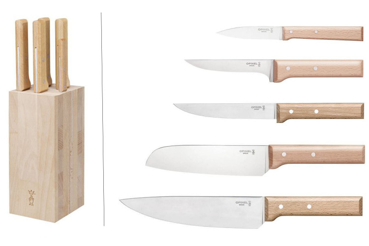 Bloc bois de h&ecirc;tre 5 couteaux cuisine Opinel Parall&egrave;le sp&eacute;cial viande