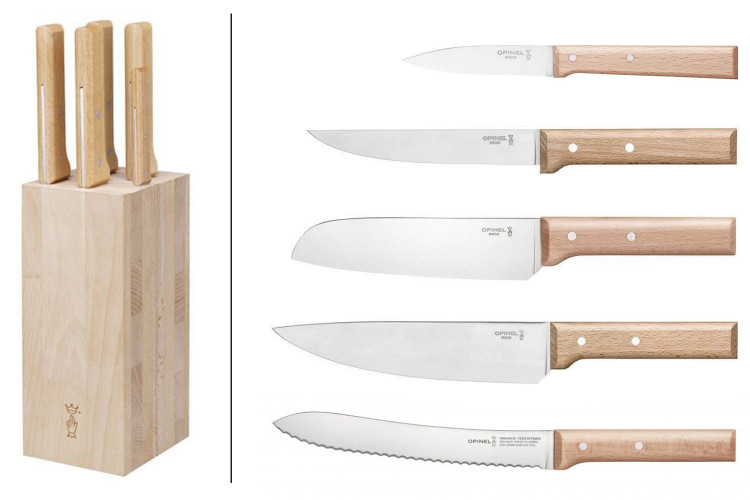 Bloc bois de h&ecirc;tre 5 couteaux cuisine Opinel Parall&egrave;le