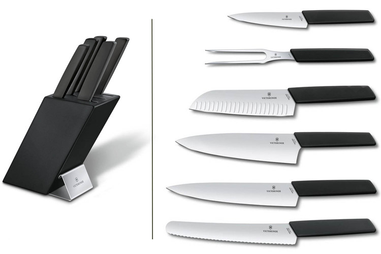 Bloc Victorinox Swiss Modern 6 pi&egrave;ces bois de h&ecirc;tre laqu&eacute; noir acier inox