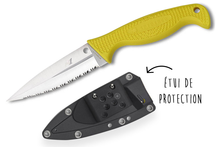 Couteau de plong&eacute;e Spyderco Fish Hunter 11cm acier H-1 + &eacute;tui Boltaron multi-positions