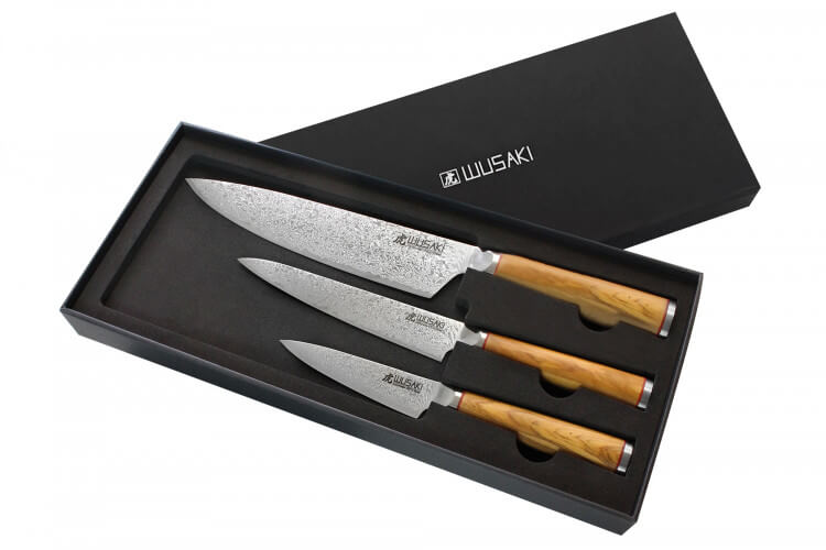 Coffret 3 couteaux Wusaki Fujiko VG10 olivier Chef + Universel + Office