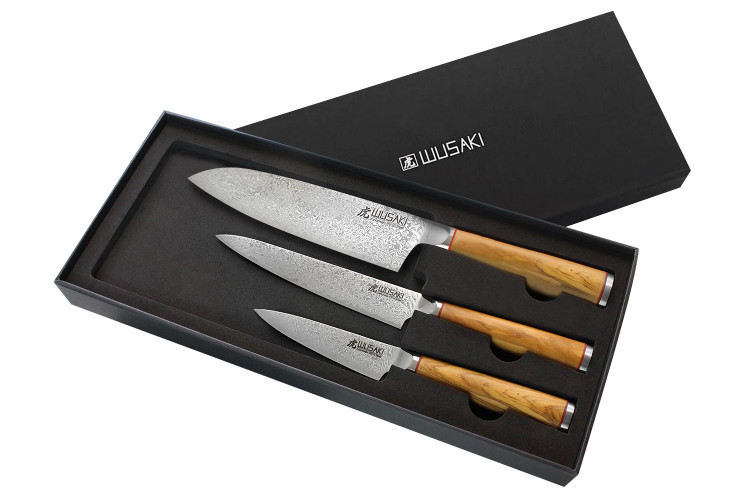 Coffret 3 couteaux Wusaki Fujiko VG10 olivier Santoku + Universel + Office