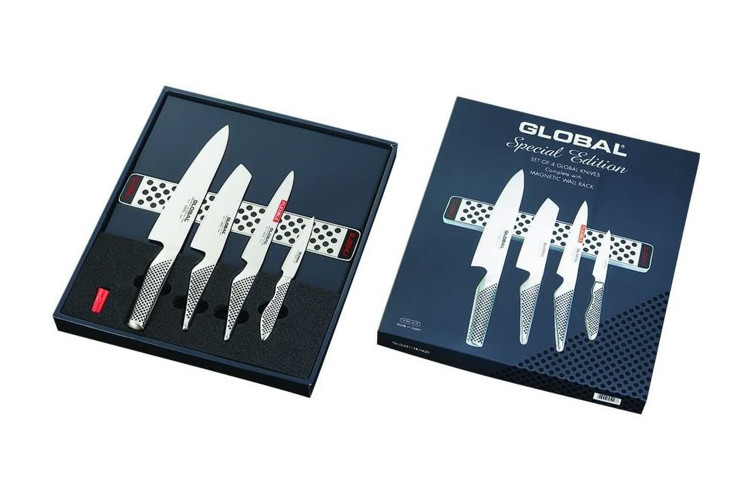 Set de 4 couteaux japonais Global GS lame en acier inox + barre aimant&eacute;e