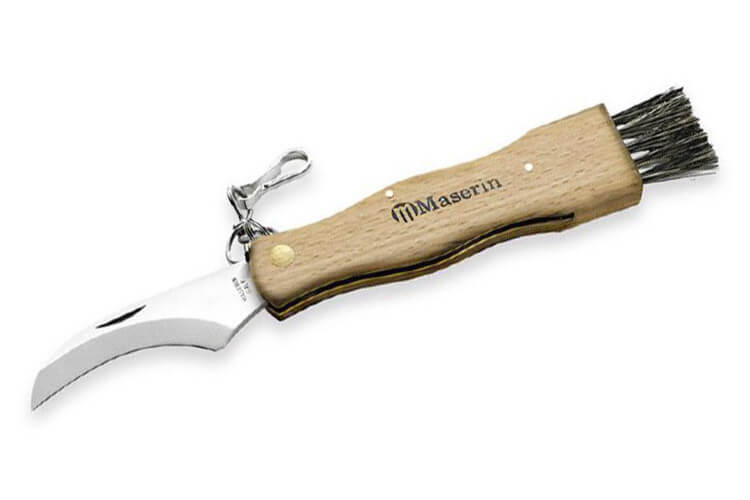 Couteau pliant à champignons Maserin manche hêtre 11cm + brosse intégrée