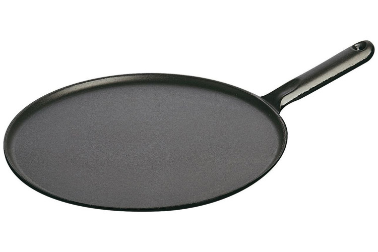 Cr&ecirc;pi&egrave;re en fonte &eacute;maill&eacute;e noire STAUB 30cm + spatule et r&eacute;partiteur en bois