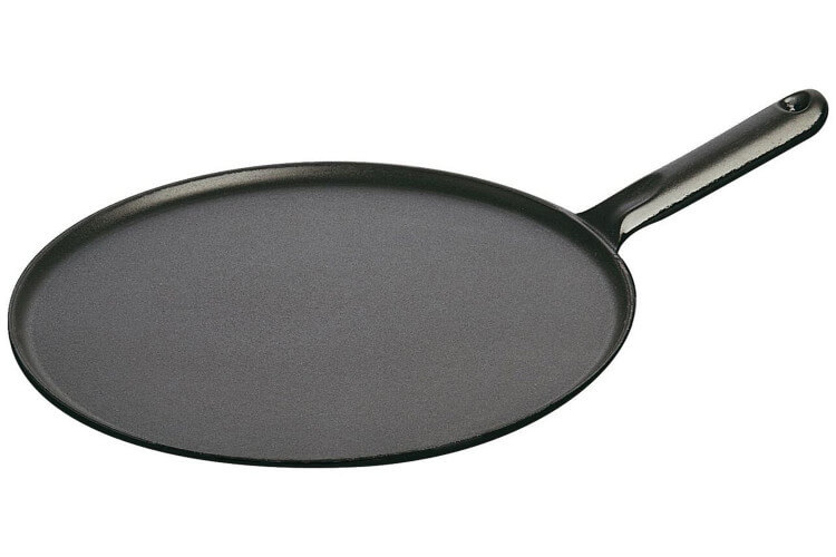Crêpière en fonte émaillée noire STAUB 30cm + spatule et répartiteur en bois