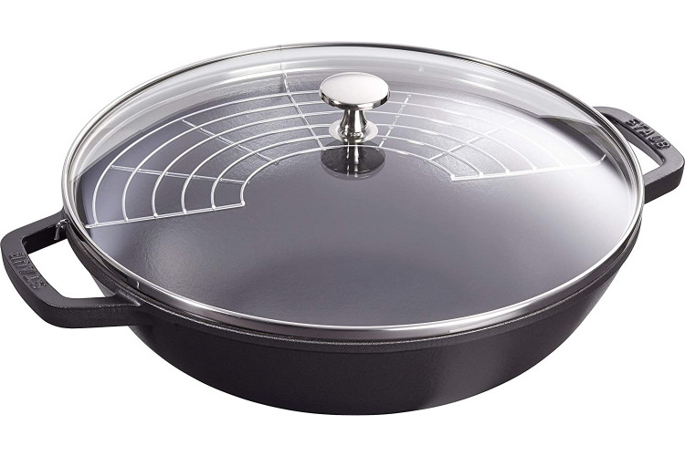 Wok en fonte Staub 30cm avec couvercle en verre + grille