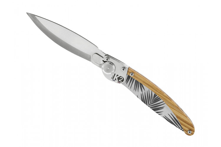 Couteau pliant K2.02M manche olivier et acier d&eacute;cor feuilles 11,5cm