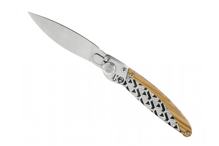Couteau pliant K2.07M manche bois d'olivier et acier d&eacute;cor perspectives 11,5cm