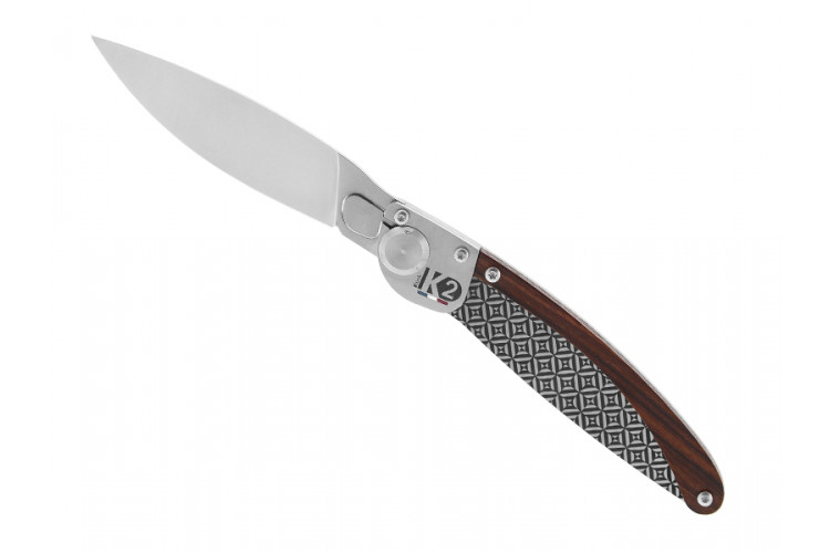 Couteau pliant K2.10M manche bois de violette et acier d&eacute;cor kal&eacute;idoscope 11,5cm