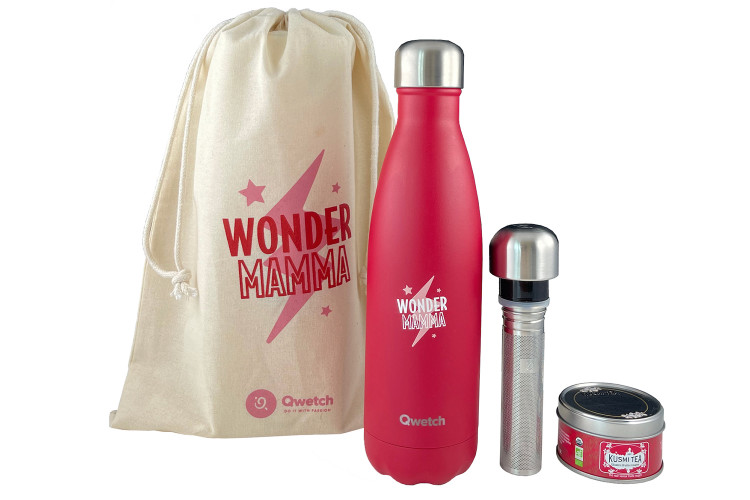 Coffret f&ecirc;te des m&egrave;res bouteille isotherme Qwetch Wonder Mamma + bouchon infuseur + th&eacute; Kusmi