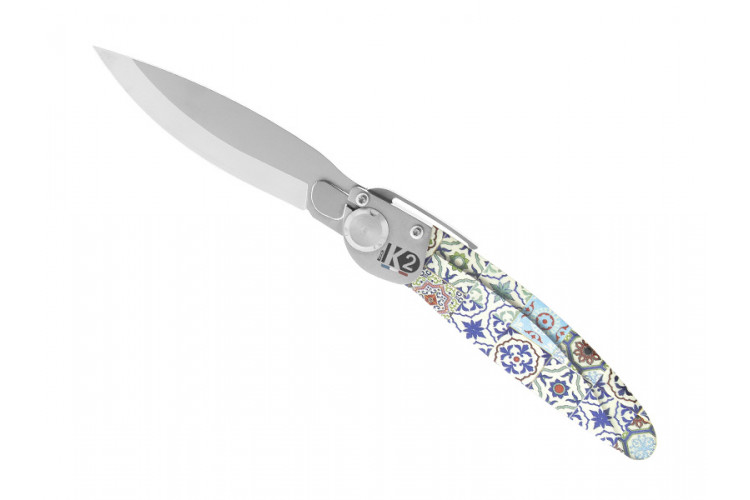 Couteau pliant K2.14M manche acier d&eacute;cor imprim&eacute; 3D faience 11,5cm