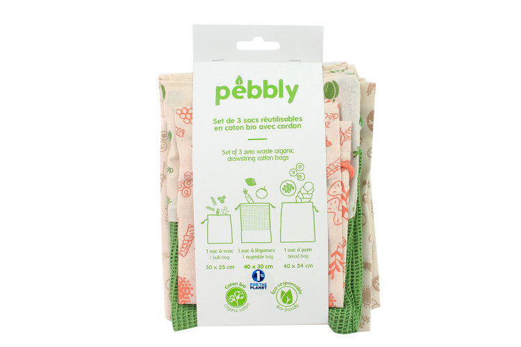 Set de 3 sacs z&eacute;ro d&eacute;chet Pebbly en coton biologique pour l&eacute;gumes, pain, vrac