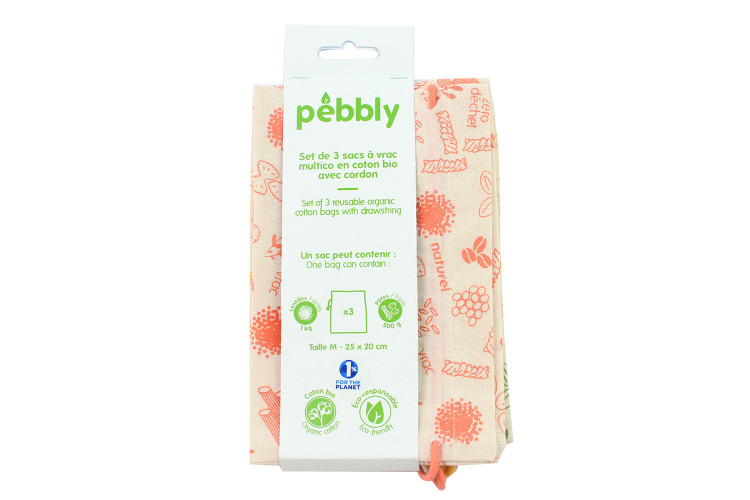 Set de 3 sacs &agrave; vrac Pebbly en coton biologique - 20x25cm
