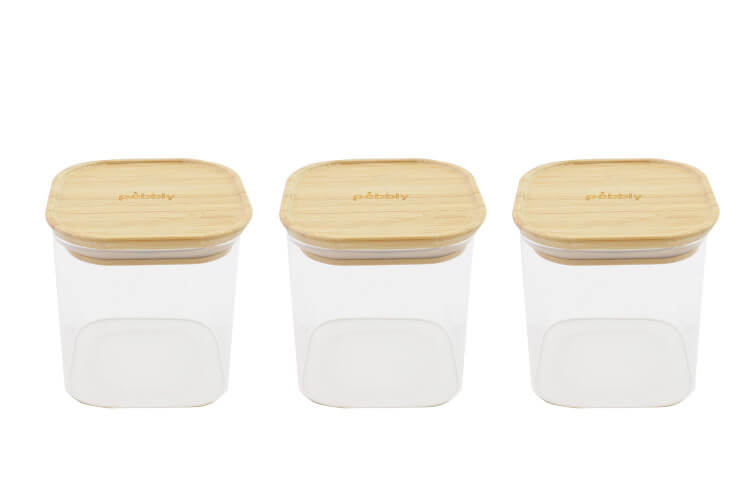 Set de 3 boites carrées en verre Pebbly avec couvercle en bambou - 800ml