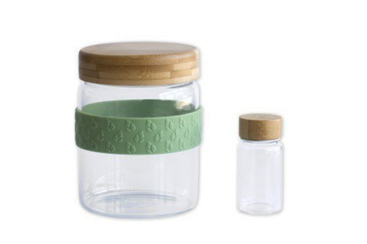 Set d&eacute;jeuner nomade Pebbly 2 bocaux en verre avec couvercle bambou + 1 bande silicone
