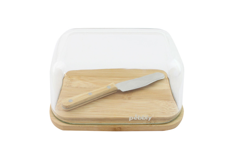 Set beurrier en verre et bambou Pebbly avec couteau &agrave; beurre