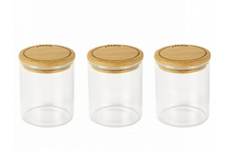 Set de 3 pots en verre Pebbly avec couvercle bambou pour &eacute;pices et condiments - 190ml