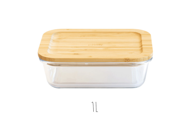 Bo&icirc;te de conservation rectangulaire en verre Pebbly avec couvercle en bambou