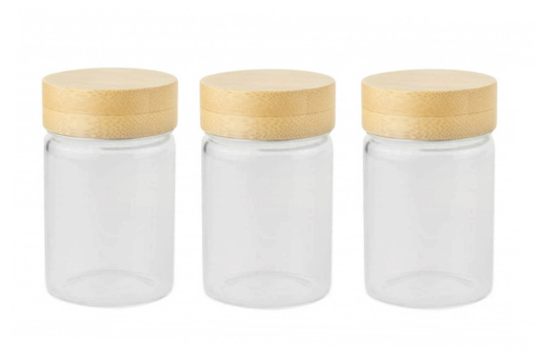 Set de 3 pots en verre Pebbly avec couvercle &agrave; vis en bambou - 75ml
