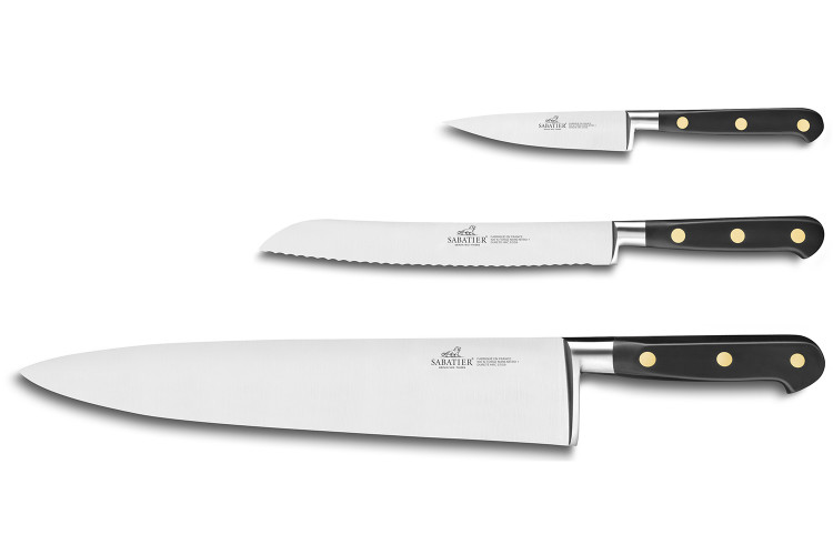 Pack sp&eacute;cial boulanger 3 couteaux fran&ccedil;ais Sabatier Id&eacute;al inox 100% forg&eacute;s laiton