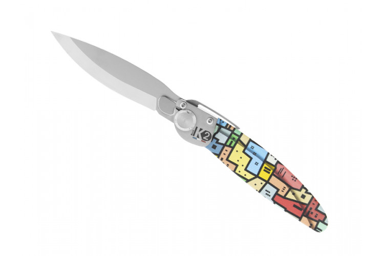Couteau pliant K2.16M manche acier d&eacute;cor imprim&eacute; 3D favelas 11,5cm