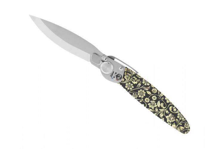 Couteau pliant K2.18M manche acier d&eacute;cor imprim&eacute; 3D floral 11,5cm