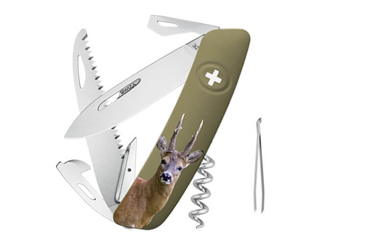 Couteau multifonction SWIZA D05 olive chevreuil 12 fonctions 95mm