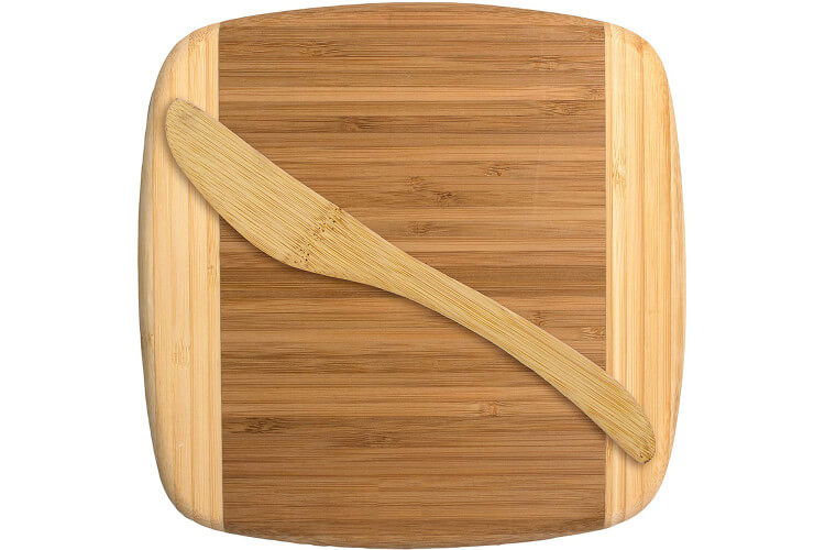 Planchette à découper carrée bicolore Totally Bamboo + tartineur