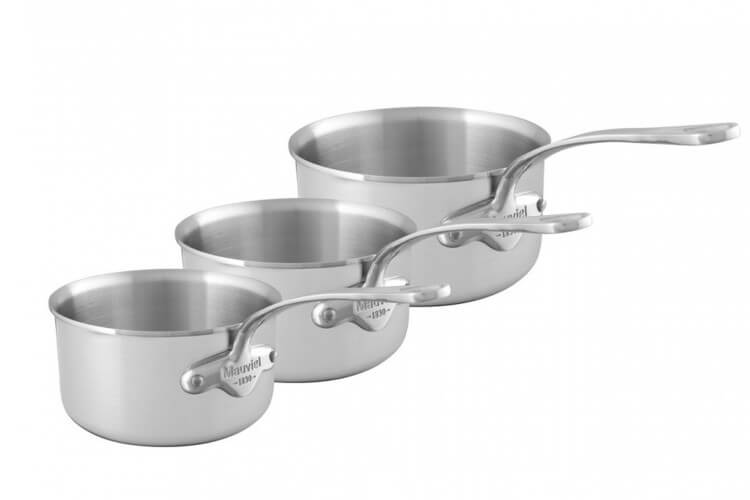 Set de 3 casseroles Mauviel M'Urban3 en inox 16, 18 et 20cm avec poignée fixe