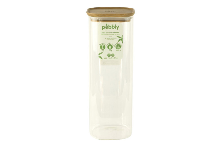 Bo&icirc;te de conservation haute et carr&eacute;e en verre Pebbly avec couvercle en bambou