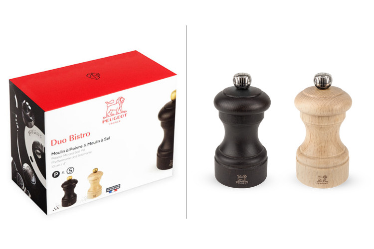 Coffret duo moulin &agrave; sel et poivre Peugeot Bistro en bois chocolat + naturel 10cm