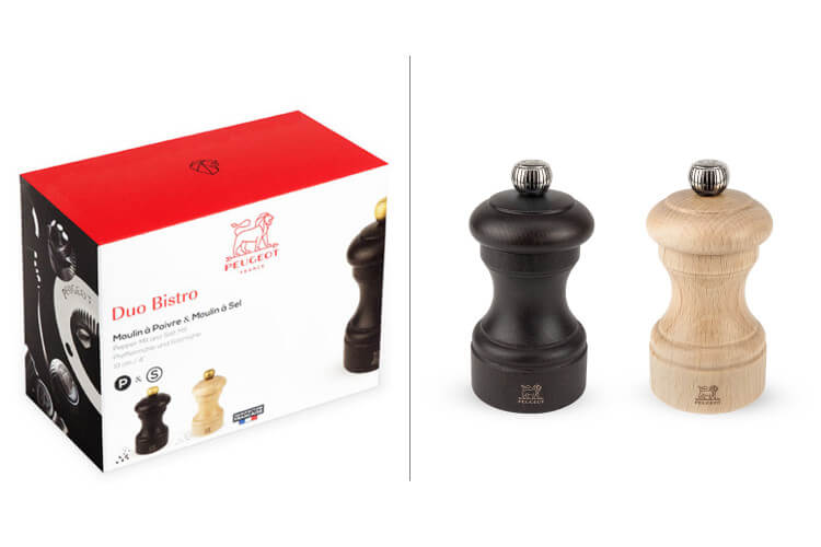Coffret duo moulin à sel et poivre Peugeot Bistro en bois chocolat + naturel 10cm